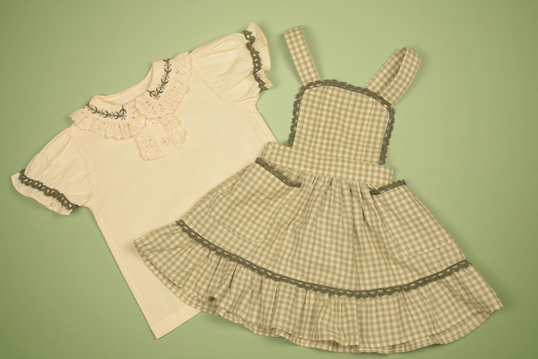 Green Gingham Pinafore Dress and Blouse Set - By Baano