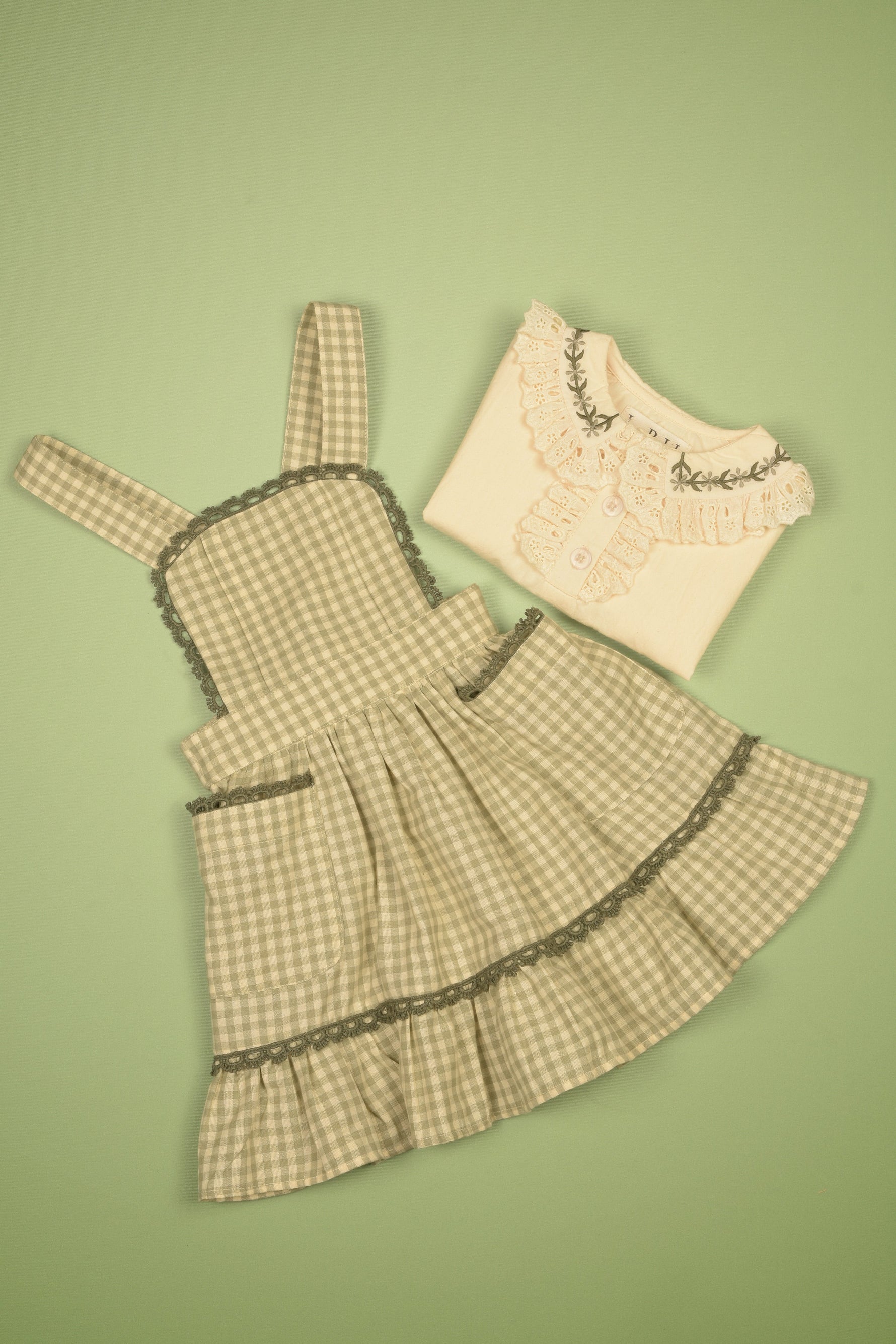 Green Gingham Pinafore Dress and Blouse Set - By Baano