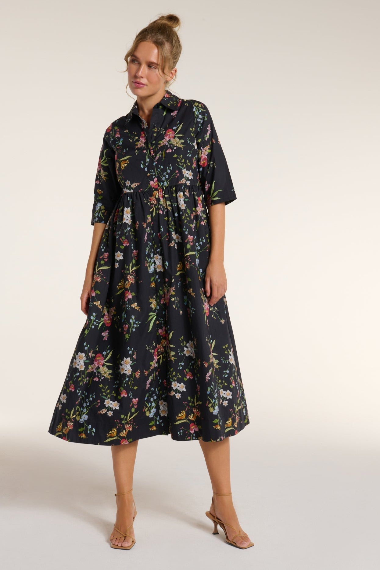 Francesca Collared Belted Maxi Dress in Black Floral featuring a full skirt and structured collar, stylish for day-to-night wear.