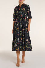 Francesca Collared Belted Maxi Dress in Black Floral with button-down front, elbow-length sleeves, and tie waist, ideal for spring fashion.