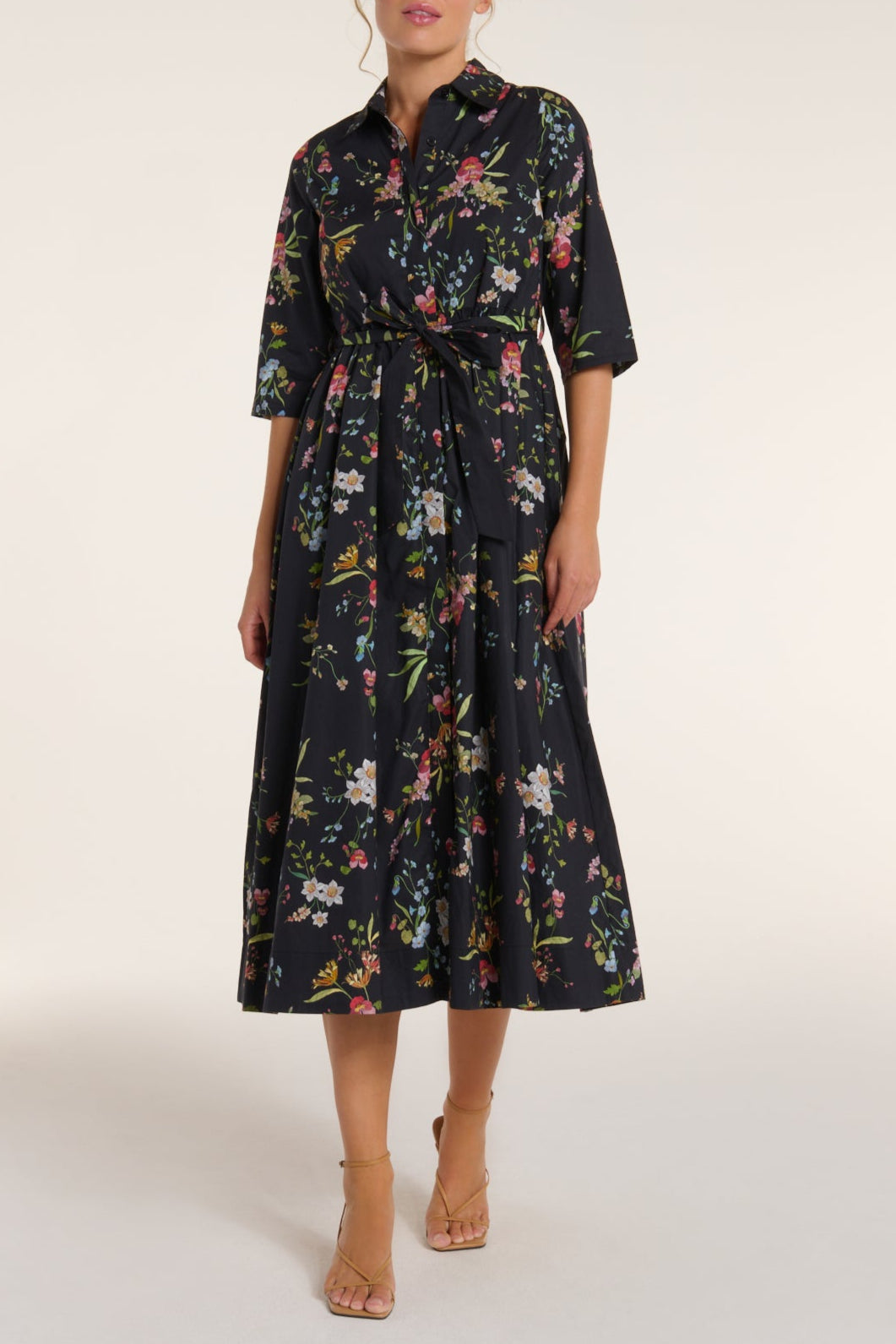 Francesca Collared Belted Maxi Dress in Black Floral with button-down front, elbow-length sleeves, and tie waist, ideal for spring fashion.