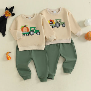 Baby Boy Fall Outfit Pumpkin Turkey Tractor Embroidery Long Sleeve Sweatshirt and Elastic Pants Clothes