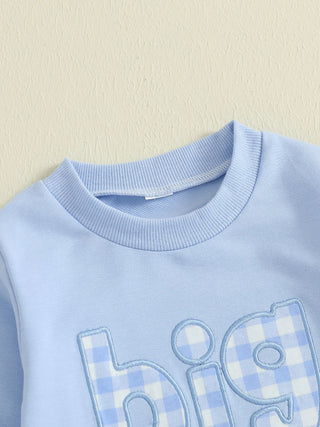 Baby Toddler Boys 2Pcs Fall Outfit Letter Embroidery Big Brother Long Sleeve Top and Elastic Plaid Pants Clothes