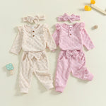 Baby Girls 3Pcs Set Checkered Button Long Sleeve Round Neck Ruffled Romper Long Pants Hair Band Outfit