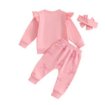 Baby Toddler Girls 3Pcs Fall Outfit Long Sleeve Bow Embroidery Crewneck Top + Jogger Pants + Headband Set