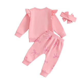 Baby Toddler Girls 3Pcs Fall Outfit Long Sleeve Bow Embroidery Crewneck Top + Jogger Pants + Headband Set