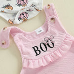 Baby Girls 3Pcs Halloween Outfit Pumpkin Print Long Sleeves Romper and Overall Tank Dress Bow Headband Set