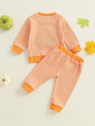 Baby Toddler Boy Girl 2Pcs Halloween Outfit Pumpkin Embroidery Boo Ghost Striped Long Sleeve Top and Elastic Jogger Pants Set