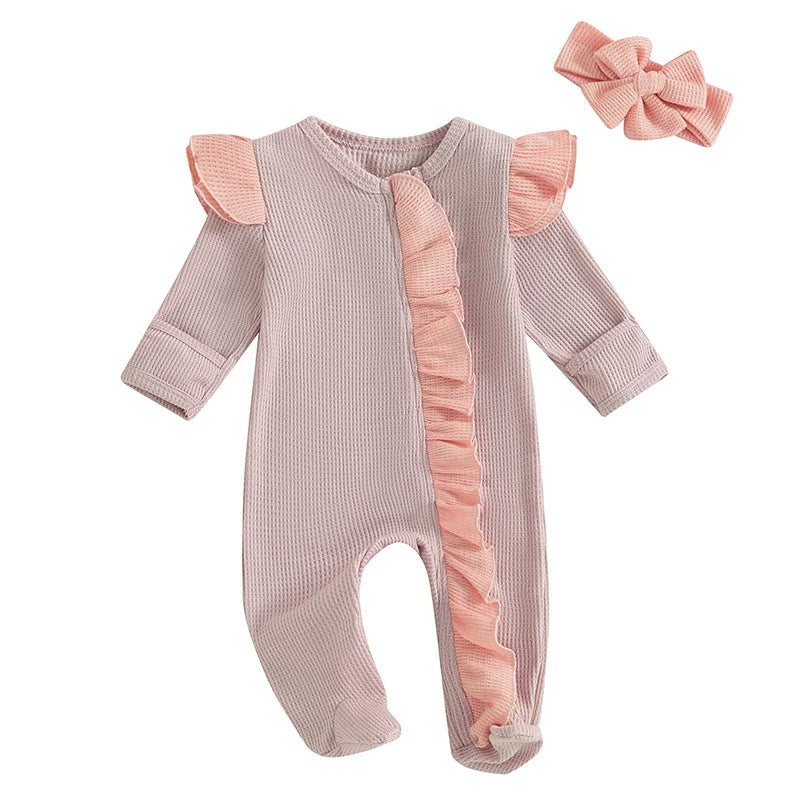 Baby Girls 2Pcs Outfit Long Sleeve Crew Neck Frills Zipper Romper Contrast Color Footies and Headband Set