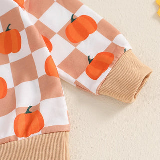 Baby Toddler Boys Girls 2Pcs Halloween Thanksgiving Outfit Checkered Pumpkin Print Long Sleeve Top and Long Pants Set