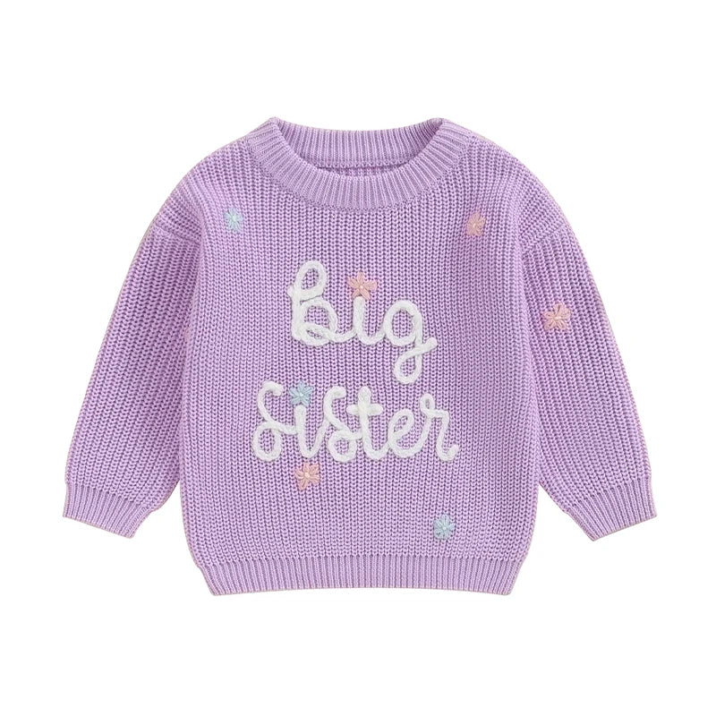 Toddler Kids Girl Big Sister Sweater Cute Long Sleeve Letter Embroidery Knit Pullover Loose Top