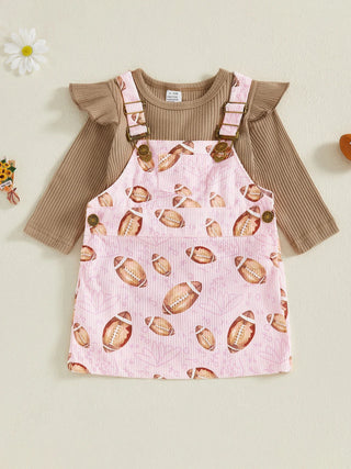 Baby Toddler Girls 2Pcs Fall Outfit Long Sleeve Romper + Football Print Overall Dress Set Clothes