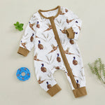 Baby Boys Girls Romper Soft Bird Wheat Ear Pattern Zipper Long Sleeve Crew Neck Jumpsuit