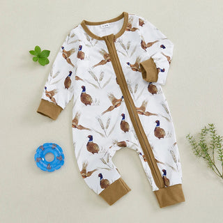 Baby Boys Girls Romper Soft Bird Wheat Ear Pattern Zipper Long Sleeve Crew Neck Jumpsuit