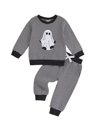Baby Toddler Boys 2Pcs Halloween Outfit Ghost Embroidery Striped Long Sleeve Top and Elastic Pants Clothes Set