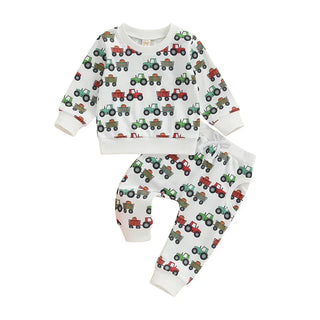 Baby Toddler Boys 2Pcs Fall Outfit Long Sleeve Tractor Print Top + Pants Set