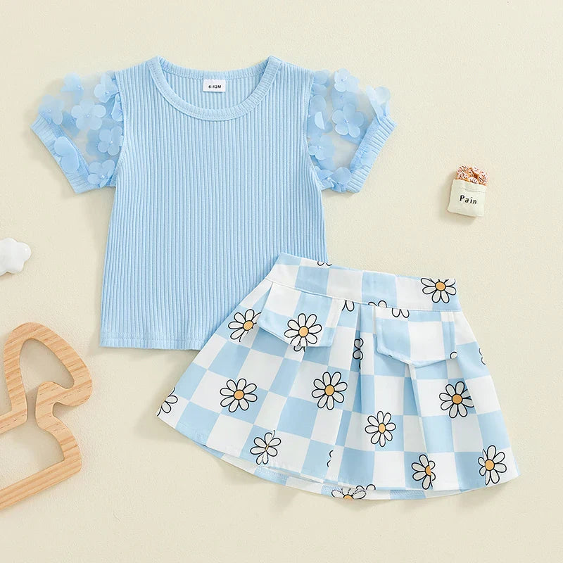Toddler Kids Girls 2Pcs Summer Outfit Mesh Flower Sleeve Ribbed Top Floral Checker Print Skirt Set