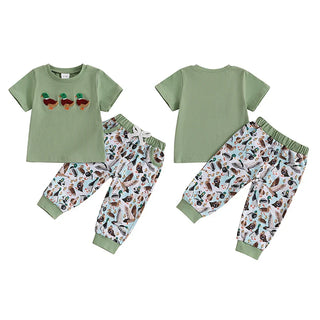 Baby Toddler Boys 2Pcs Outfit Summer Spring Duck Embroidery Short Sleeve T-Shirt Top and Elastic Waist Jogger Pants Set