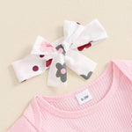 Baby Girls 3Pcs Fall Outfit Long Sleeve Ribbed Romper + Bow Suspender Flower Print Skirt + Headband Set