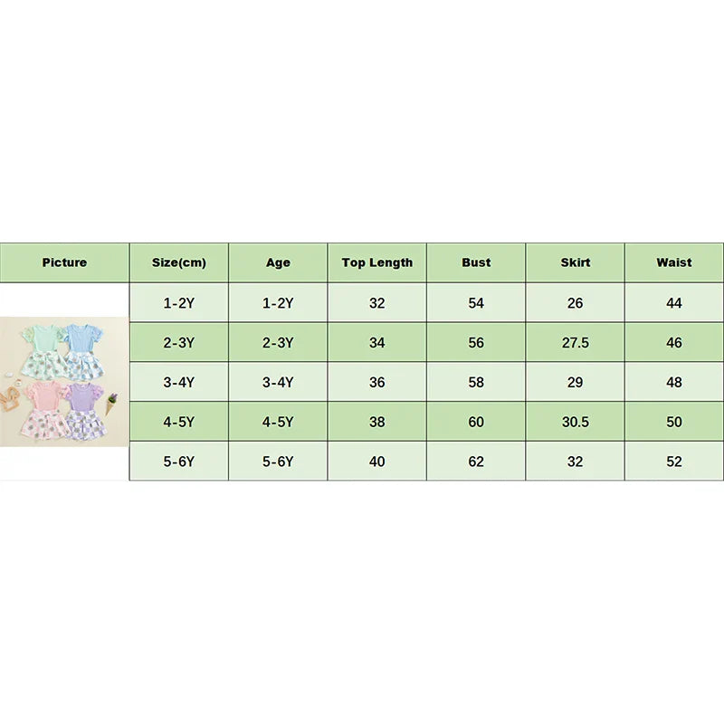 Toddler Kids Girls 2Pcs Summer Outfit Mesh Flower Sleeve Ribbed Top Floral Checker Print Skirt Set