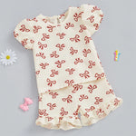 Baby Toddler Girls 2Pcs Summer Outfit Bow Pattern Crew Neck Short Sleeve T-Shirt Top with Ruffled Shorts Set