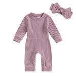 Baby Girls 2Pcs Fall Outfit Long Sleeve Round Neck Ribbed Full Leg Jumpsuit with Headband Set