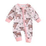 Baby Girls Boys Highland Cow Romper Print Long Sleeve Zipper Jumpsuit Fall Bodysuit
