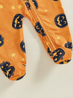 Baby Boy Girl 2Pcs Halloween Footed Zipper Romper Pumpkin Print Long Sleeve Round Neck Zip Jumpsuit with Hat Set