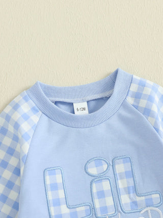 Baby Toddler Boy Lil Brother Fall Romper Plaid Print Letter Embroidery Long Sleeve Round Neck Full Length Jumpsuit