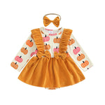 Baby Girls 2Pcs Halloween Romper Dress Overalls Skirt Long Sleeve O Neck Pumpkin Print Romper with Headband Set