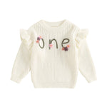 Baby Girl Birthday Sweater One Casual Floral Flowers Letter Embroidery Warm Long Sleeve Knitted Pullover Infant Knitwear Top