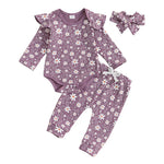 Baby Girl 3Pcs Spring Fall Outfit Floral Print Long Frill Sleeve Romper Long Flower Pants Headband Set