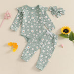Baby Girl 3Pcs Spring Fall Outfit Floral Print Long Frill Sleeve Romper Long Flower Pants Headband Set