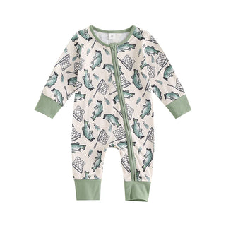 Baby Boys Girls Autumn Casual Romper Long Sleeve Crew Neck Fish Print Zipper Jumpsuit