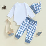 Baby Boys Girls 3Pcs Lil Bro / Sis Fall Outfit Letter Embroidery Long Sleeve Romper Checkered Print Pants Beanie Hat Set