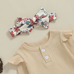 Baby Girls 3Pcs Fall Outfit Ruffle Ribbed Long Sleeve Romper Flower Flare Pants Tie Headband Set