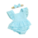 Baby Girls 2Pcs Romper Dress Solid Color Fly Sleeve Skirt Hem Tank Top Bodysuit Summer Clothes with Headband Set