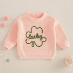 Baby Toddler Kids Boys Girls Lucky Knit Sweater Long Sleeve Round Neck Shamrock Letter Embroidery Pullover Spring St. Patrick's Day Top