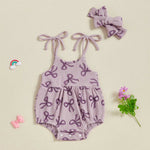 Baby Girls 2Pcs Summer Romper Sleeveless Tank Tie Strap Bow Print Jumpsuit with Headband Set