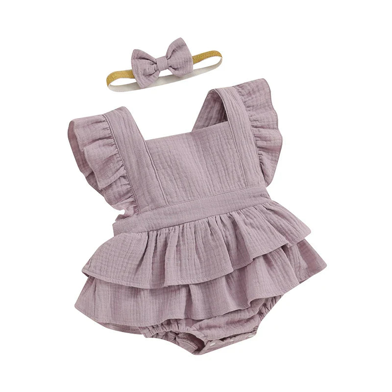 Baby Girls 2Pcs Romper Dress Solid Color Fly Sleeve Skirt Hem Tank Top Bodysuit Summer Clothes with Headband Set