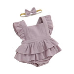Baby Girls 2Pcs Romper Dress Solid Color Fly Sleeve Skirt Hem Tank Top Bodysuit Summer Clothes with Headband Set