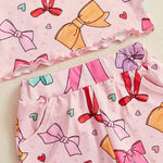 Baby Toddler Kids Girls 2Pcs Summer Outfit Bow Print Crew Neck Short Sleeve T-Shirt Top Frilly Shorts Clothes Set
