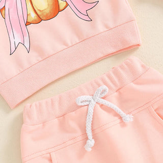 Baby Toddler Girls 2Pcs Halloween Outfit Bow Pumpkin Print Long Sleeve Top and Elastic Pants Set