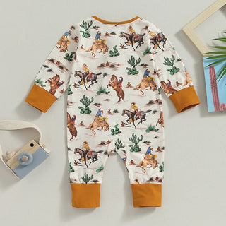 Baby Boys Girls Jumpsuit Long Sleeve Cow/Horse Print Zipped Autumn Romper Clothes