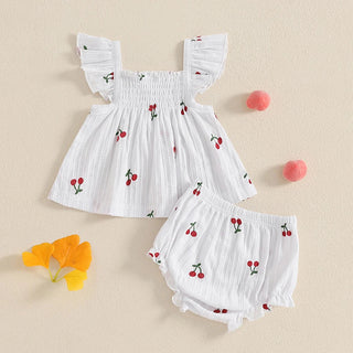 Baby Toddler Girl 2Pcs Shorts Set Cherry Print Fly Sleeve Babydoll Top Elastic Waist Ruffle Shorts Summer Outfit