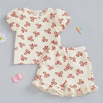 Baby Toddler Girls 2Pcs Summer Outfit Bow Pattern Crew Neck Short Sleeve T-Shirt Top with Ruffled Shorts Set
