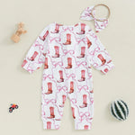 Baby Girl 2Pcs Fall Jumpsuit Ruffled Zip Up Boots Ribbons Print Long Sleeve Round Neck Zipper Romper Bow Headband Set