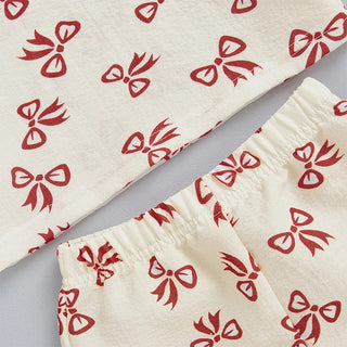 Baby Toddler Girls 2Pcs Summer Outfit Bow Pattern Crew Neck Short Sleeve T-Shirt Top with Ruffled Shorts Set