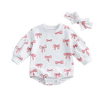 Baby Girl 2Pcs Fall Outfit Bow Print Crew Neck Long Sleeve Bubble Romper Tie-up Headband Set