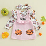 Baby Girls 3Pcs Halloween Outfit Pumpkin Print Long Sleeves Romper and Overall Tank Dress Bow Headband Set